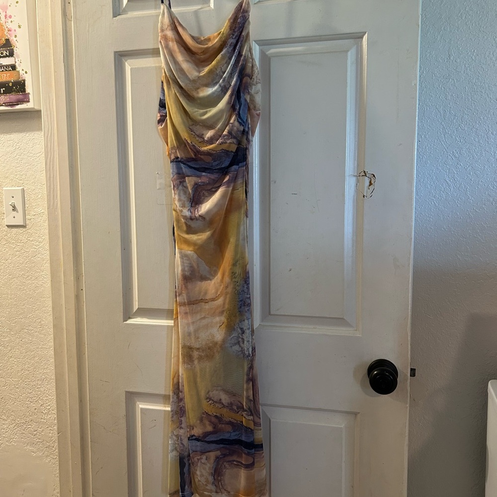 Zara Yellow Lavender Marble-Print Cowl-Neck Maxi Dress